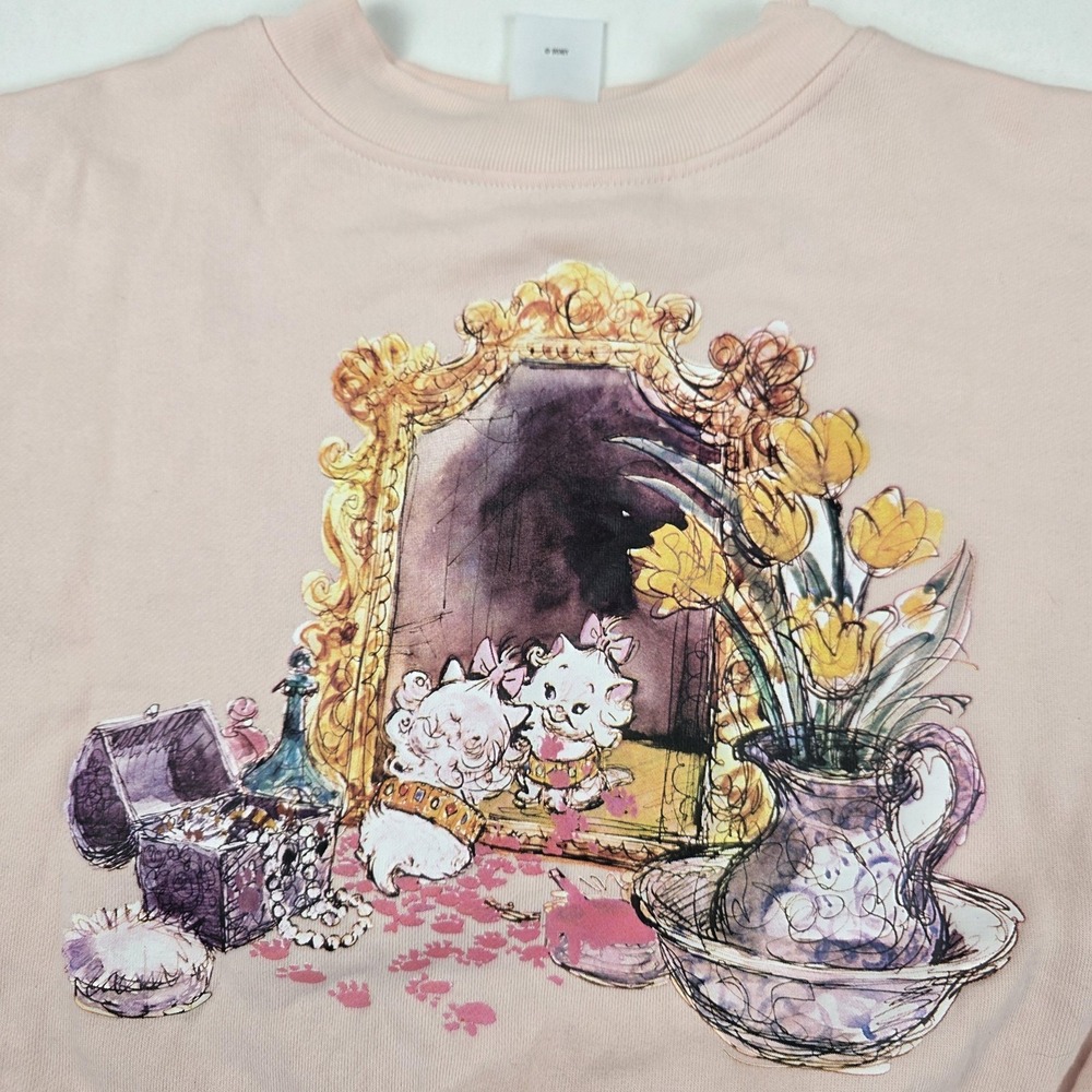 Disney Sweatshirt Womens 1X Pink Cat Mirror Floral Graphic Fleece Pullover - Picture 2 of 16